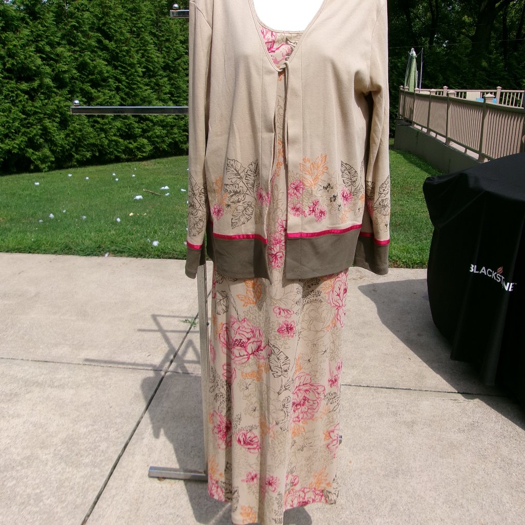 Liz Claiborne Beige Floral Print Dress&Jacket Set L